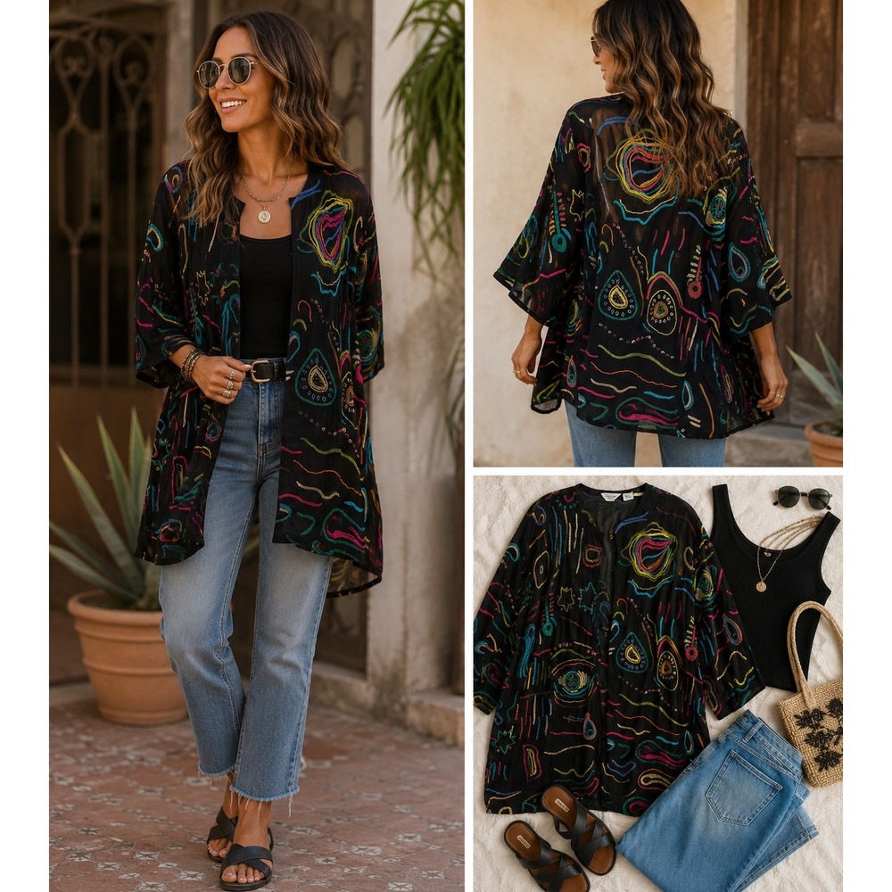 Laura Ashley Woman Wizard Kimono Black Rayon Neon Embroidered Beaded Duster 2X
